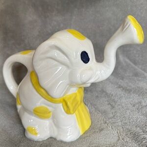 Glazed Ceramic Elephant Watering Can Yellow Bow Polka Dots Trunk Spout